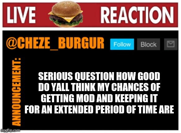 holy throwback | SERIOUS QUESTION HOW GOOD DO YALL THINK MY CHANCES OF GETTING MOD AND KEEPING IT FOR AN EXTENDED PERIOD OF TIME ARE | image tagged in old chezeburgur announcment | made w/ Imgflip meme maker