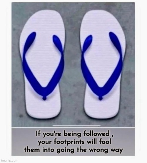Stealth Flip-Flops | If you're being followed ,
your footprints will fool them into going the wrong way | image tagged in feet,cool and comfy,temu,well yes but actually no,walk backwards | made w/ Imgflip meme maker