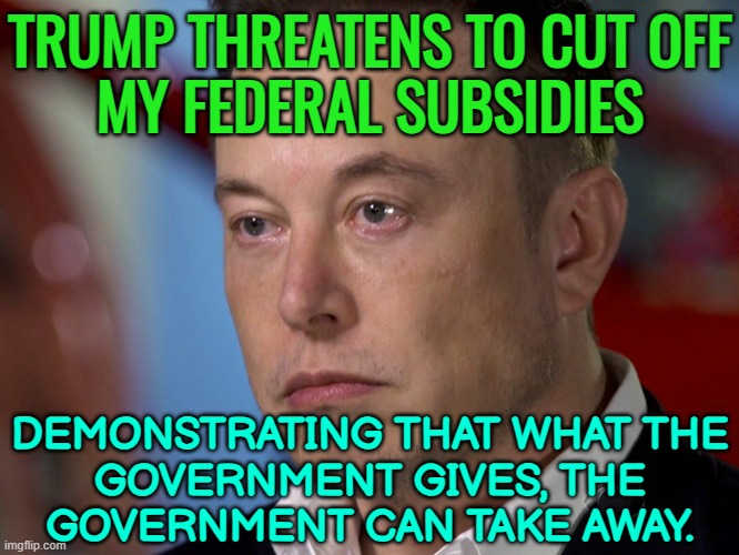 Trump threatens to cut off Elon Musk's federal subsidies | TRUMP THREATENS TO CUT OFF
MY FEDERAL SUBSIDIES; DEMONSTRATING THAT WHAT THE
GOVERNMENT GIVES, THE
GOVERNMENT CAN TAKE AWAY. | image tagged in elon musk sad,donald trump,elon musk,us government,make america great again,maga | made w/ Imgflip meme maker