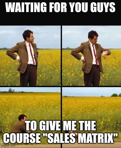 Mr bean waiting | WAITING FOR YOU GUYS; TO GIVE ME THE COURSE "SALES MATRIX" | image tagged in mr bean waiting | made w/ Imgflip meme maker