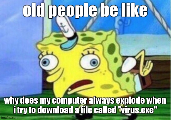 Mocking Spongebob | old people be like; why does my computer always explode when i try to download a file called "virus.exe" | image tagged in memes,mocking spongebob,funny,gifs,relatable,stop reading the tags | made w/ Imgflip meme maker