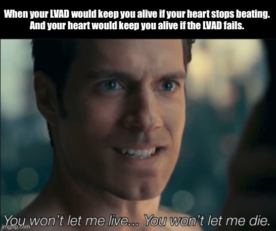 Heart failure | When your LVAD would keep you alive if your heart stops beating.
And your heart would keep you alive if the LVAD fails. | image tagged in you won't let me live you won't let me die,heart | made w/ Imgflip meme maker