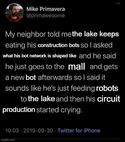feeding cats to coyotes | the lake keeps; construction bots; what his bot network is shaped like; mall; bot; robots; circuit; the lake; production | image tagged in feeding cats to coyotes | made w/ Imgflip meme maker