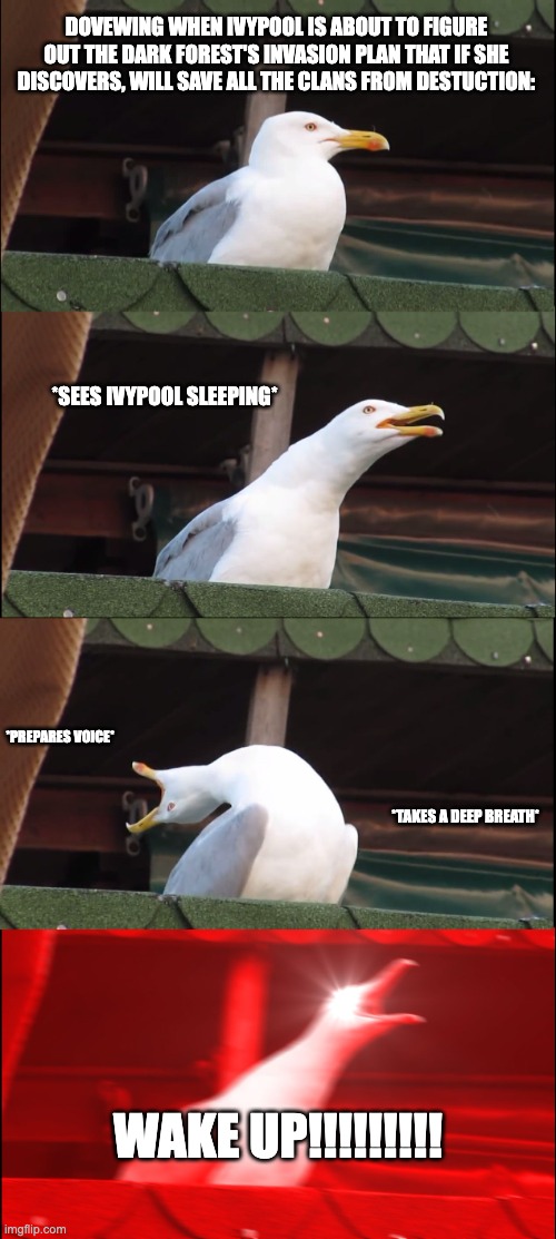 Dovewing ruined everything! | DOVEWING WHEN IVYPOOL IS ABOUT TO FIGURE OUT THE DARK FOREST'S INVASION PLAN THAT IF SHE DISCOVERS, WILL SAVE ALL THE CLANS FROM DESTUCTION:; *SEES IVYPOOL SLEEPING*; *PREPARES VOICE*; *TAKES A DEEP BREATH*; WAKE UP!!!!!!!!! | image tagged in memes,inhaling seagull,warriors memes | made w/ Imgflip meme maker