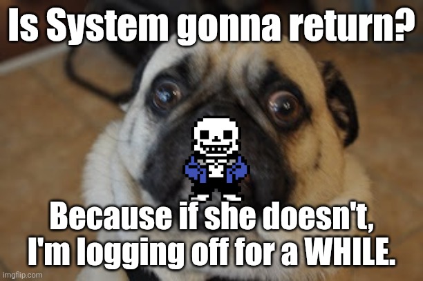Question for ya... | Is System gonna return? Because if she doesn't, I'm logging off for a WHILE. | image tagged in pug worried | made w/ Imgflip meme maker