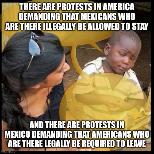 Let me get this straight… | THERE ARE PROTESTS IN AMERICA DEMANDING THAT MEXICANS WHO ARE THERE ILLEGALLY BE ALLOWED TO STAY; AND THERE ARE PROTESTS IN MEXICO DEMANDING THAT AMERICANS WHO ARE THERE LEGALLY BE REQUIRED TO LEAVE | image tagged in let me get this straight | made w/ Imgflip meme maker