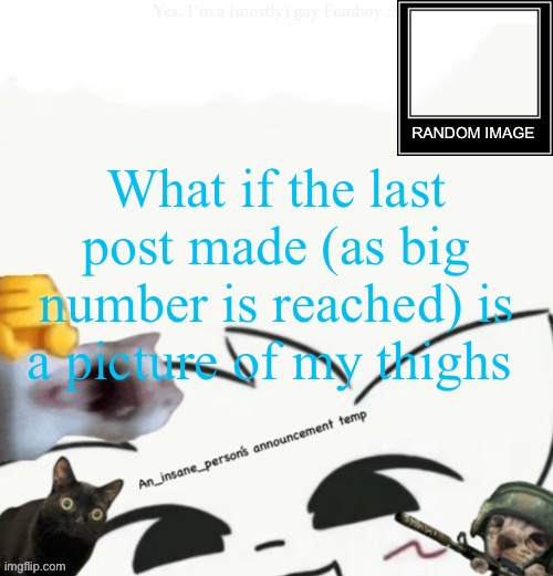 My lil announcement | What if the last post made (as big number is reached) is a picture of my thighs | image tagged in my lil announcement | made w/ Imgflip meme maker