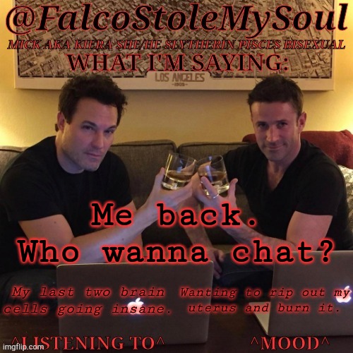 Speaking Improper English & I Don't Care | Me back. Who wanna chat? My last two brain
cells going insane. Wanting to rip out my
uterus and burn it. | image tagged in fsms haydn-fergus cheers,im back,who wants to chat,bored,going insane,well hello | made w/ Imgflip meme maker