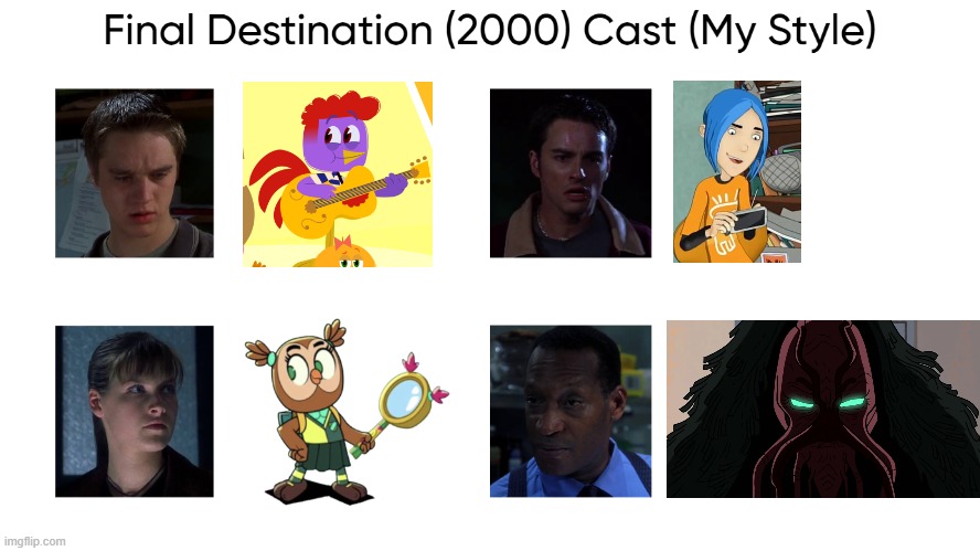 Final Destination (2000) Cast (My Style) | image tagged in final destination 2000 cast my style,meme,memes,spoof cast,final destination,characters | made w/ Imgflip meme maker