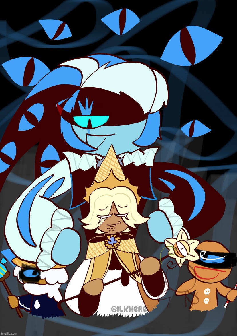 hi i like crk | image tagged in cookie run kingdom,shadow milk cookie,pure vanilla cookie,gingerbrave,wizard cookie | made w/ Imgflip meme maker