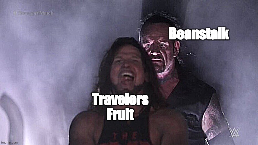 "sugar apple on stock" | Beanstalk; Travelers Fruit | image tagged in aj styles undertaker,memes,bullshit | made w/ Imgflip meme maker