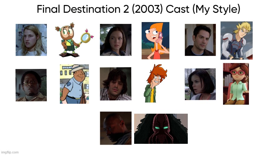 Final Destination 2 (2003) Cast (My Style) | image tagged in final destination 2 2003 cast my style,meme,memes,spoof cast,characters,final destination 2 | made w/ Imgflip meme maker