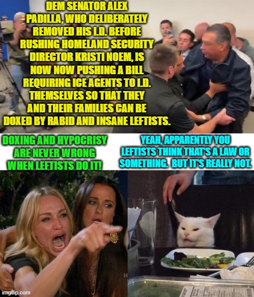 He really should have been brought up on charges for rushing the podium.  FAFO. | DEM SENATOR ALEX PADILLA, WHO DELIBERATELY REMOVED HIS I.D. BEFORE RUSHING HOMELAND SECURITY DIRECTOR KRISTI NOEM, IS NOW NOW PUSHING A BILL REQUIRING ICE AGENTS TO I.D. THEMSELVES SO THAT THEY AND THEIR FAMILIES CAN BE DOXED BY RABID AND INSANE LEFTISTS. DOXING AND HYPOCRISY ARE NEVER WRONG WHEN LEFTISTS DO IT! YEAH, APPARENTLY YOU LEFTISTS THINK THAT'S A LAW OR SOMETHING.  BUT IT'S REALLY NOT. | image tagged in yep | made w/ Imgflip meme maker