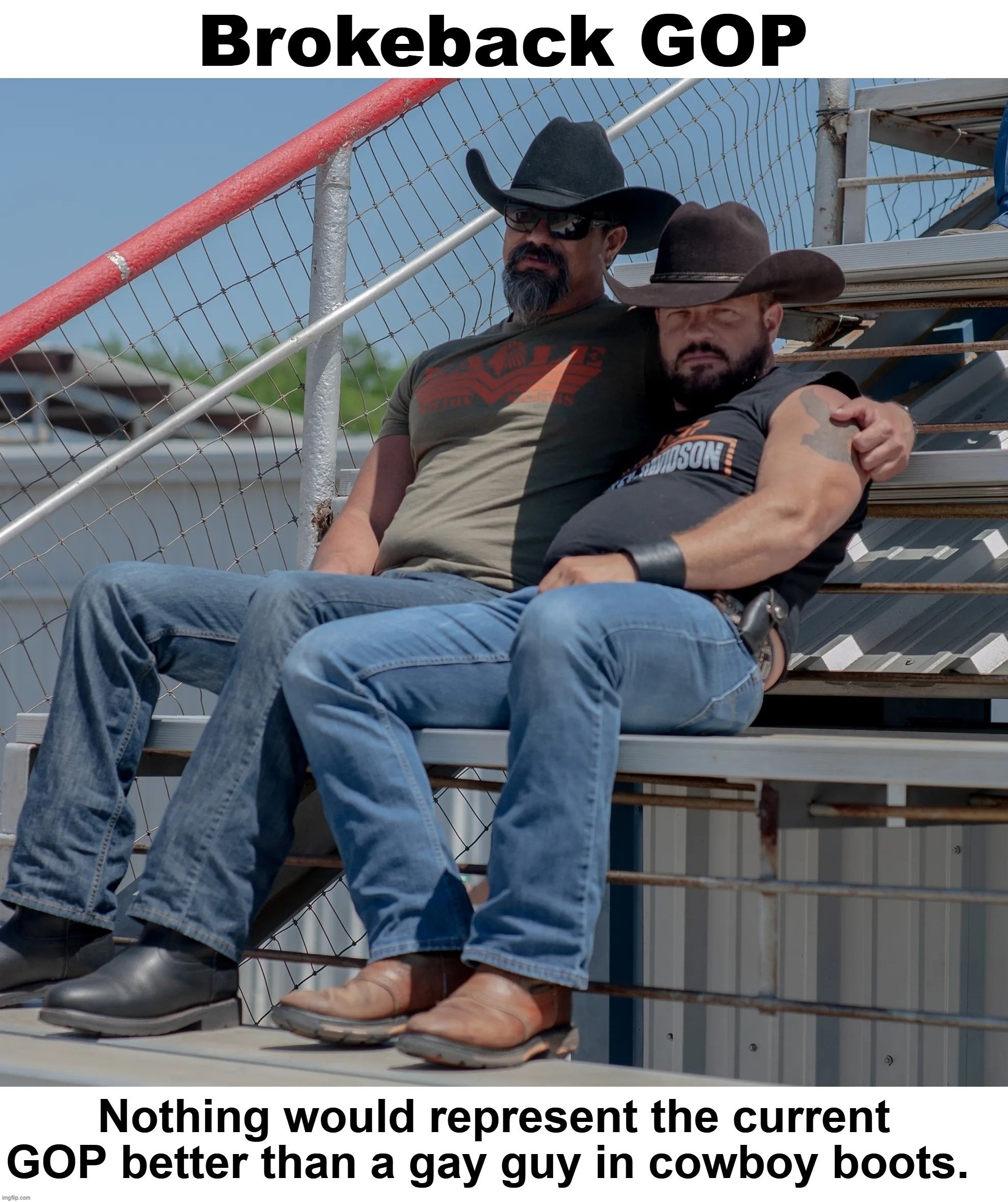 Nothing would represent the current GOP better than a gay guy in cowboy boots. | image tagged in brokeback mountain,brokeback gop,i diagnose you with gay,cucks,i dunno man seems kinda gay to me,cowboys and faggots | made w/ Imgflip meme maker