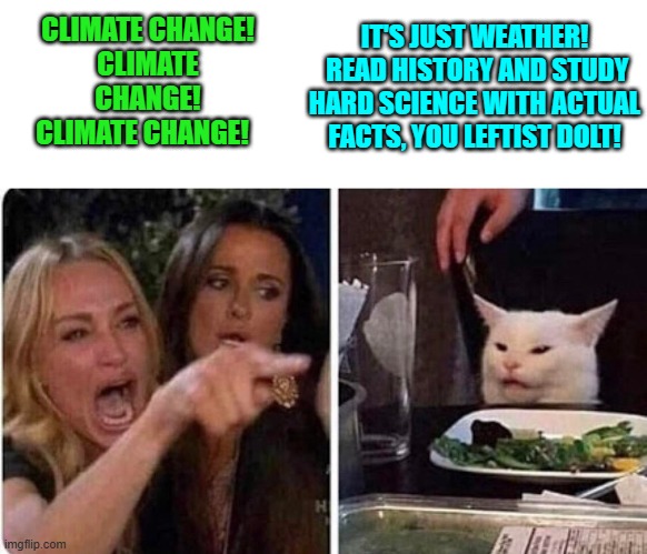 For leftists this really and truly IS rocket science. | IT'S JUST WEATHER!  READ HISTORY AND STUDY HARD SCIENCE WITH ACTUAL FACTS, YOU LEFTIST DOLT! CLIMATE CHANGE!
CLIMATE CHANGE!
CLIMATE CHANGE! | image tagged in lady screams at cat | made w/ Imgflip meme maker