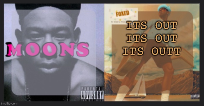 https://open.spotify.com/album/17ScNnJ0lSWajodZaRpHdQ?si=DJ7fmC53T9CDXmVWuDDHKg | ITS OUT ITS OUT ITS OUTT | image tagged in moons and foxed shared temp | made w/ Imgflip meme maker