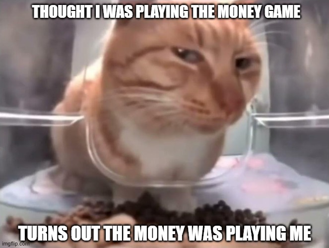 Suspicious cat eating | THOUGHT I WAS PLAYING THE MONEY GAME; TURNS OUT THE MONEY WAS PLAYING ME | image tagged in suspicious cat eating | made w/ Imgflip meme maker