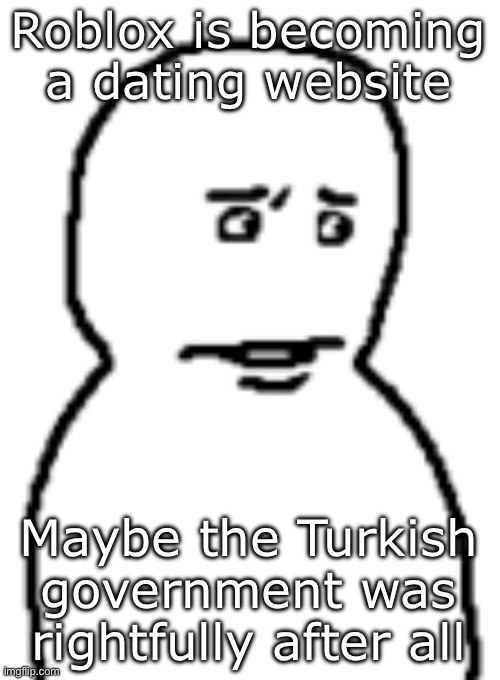 “Roblox is a kids game” my ass | Roblox is becoming a dating website; Maybe the Turkish government was rightfully after all | image tagged in bro | made w/ Imgflip meme maker