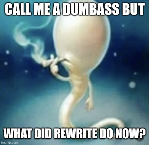 Badass sperm smoking | CALL ME A DUMBASS BUT; WHAT DID REWRITE DO NOW? | image tagged in badass sperm smoking | made w/ Imgflip meme maker
