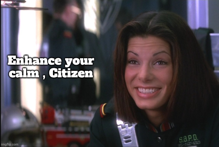 Demolition Man Sandra Bullock goofy smile | Enhance your calm , Citizen | image tagged in demolition man sandra bullock goofy smile | made w/ Imgflip meme maker