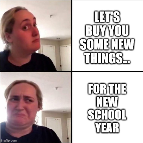 Kombucha Girl Reverted | LET'S BUY YOU SOME NEW THINGS... FOR THE
NEW
SCHOOL
YEAR | image tagged in kombucha girl reverted | made w/ Imgflip meme maker