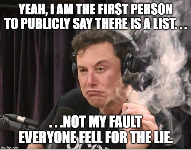 Elon Musk smoking a joint | YEAH, I AM THE FIRST PERSON TO PUBLICLY SAY THERE IS A LIST. . . . . .NOT MY FAULT EVERYONE FELL FOR THE LIE. | image tagged in elon musk smoking a joint | made w/ Imgflip meme maker