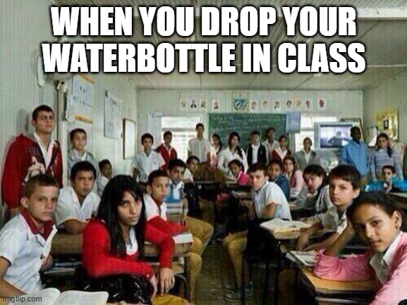 Class looking at you | WHEN YOU DROP YOUR WATERBOTTLE IN CLASS | image tagged in class looking at you | made w/ Imgflip meme maker