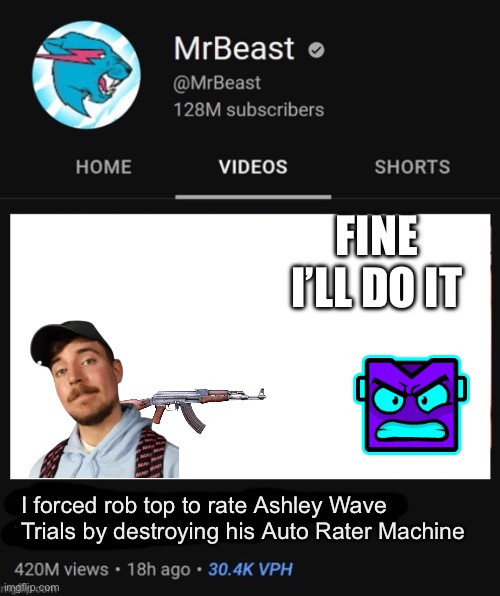 Put this on Reddit and let the real rob top see it | FINE I’LL DO IT; I forced rob top to rate Ashley Wave Trials by destroying his Auto Rater Machine | image tagged in mrbeast thumbnail template | made w/ Imgflip meme maker