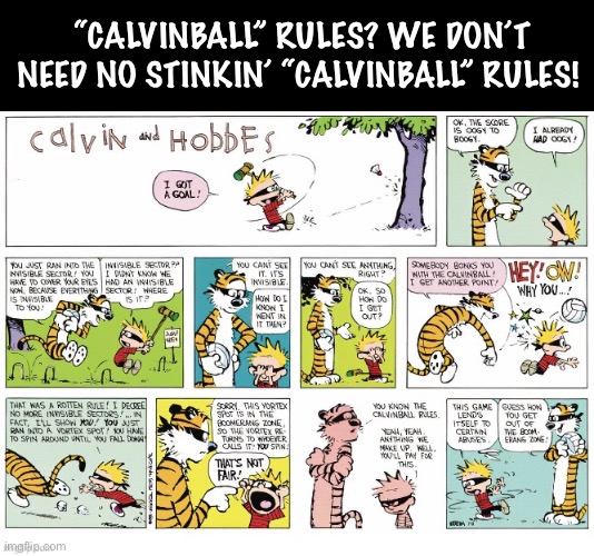 The game that anyone can play…  | “CALVINBALL” RULES? WE DON’T NEED NO STINKIN’ “CALVINBALL” RULES! | image tagged in calvin and hobbes,calvinball,no rules | made w/ Imgflip meme maker