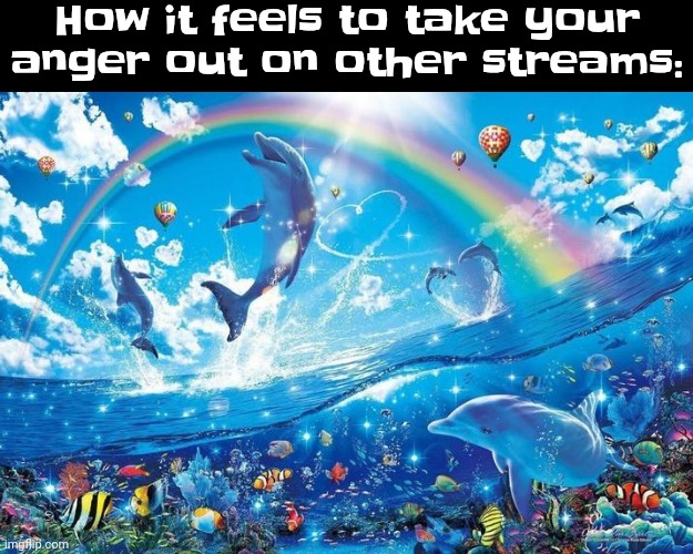 Happy dolphin rainbow | How it feels to take your anger out on other streams: | image tagged in happy dolphin rainbow | made w/ Imgflip meme maker