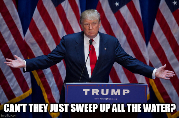 CAN'T THEY JUST SWEEP UP ALL THE WATER? | image tagged in donald trump | made w/ Imgflip meme maker