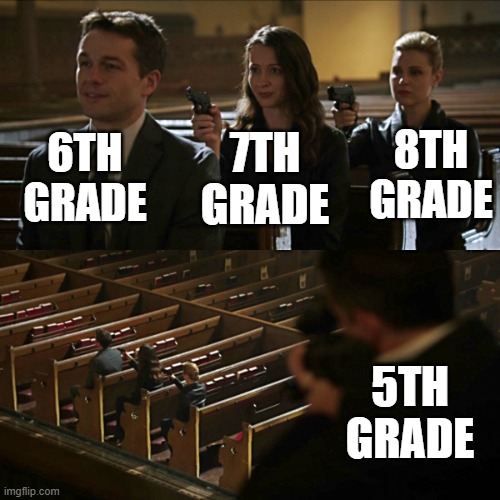 middle school | 6TH GRADE; 8TH GRADE; 7TH GRADE; 5TH GRADE | image tagged in assassination chain | made w/ Imgflip meme maker