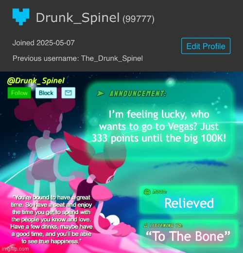 :D (weeeee bruh! -MC) | I’m feeling lucky, who wants to go to Vegas? Just 333 points until the big 100K! Relieved; “To The Bone” | image tagged in blue archive,announcement,yuuka of topic | made w/ Imgflip meme maker