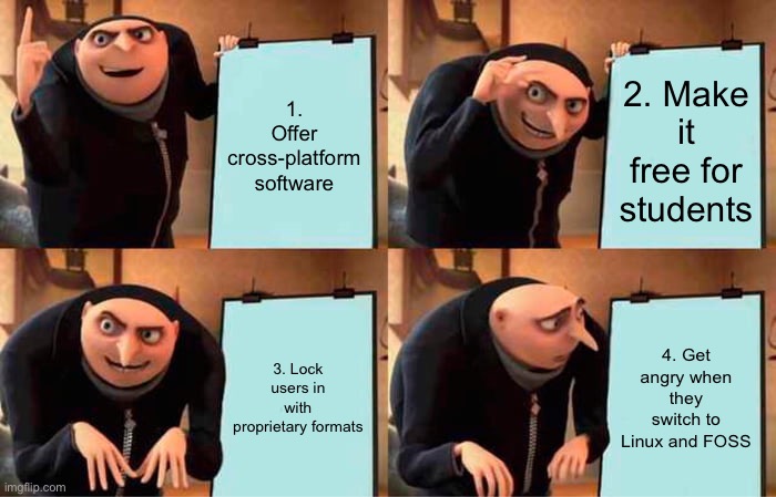 Gru's Plan Meme | 1. Offer cross-platform software; 2. Make it free for students; 3. Lock users in with proprietary formats; 4. Get angry when they switch to Linux and FOSS | image tagged in memes,gru's plan,linux | made w/ Imgflip meme maker