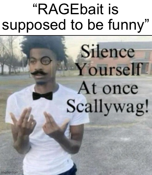 That’s called a ‘joke’. Rage bait is meant to make you angry | “RAGEbait is supposed to be funny” | image tagged in silence yourself at once scallywag | made w/ Imgflip meme maker
