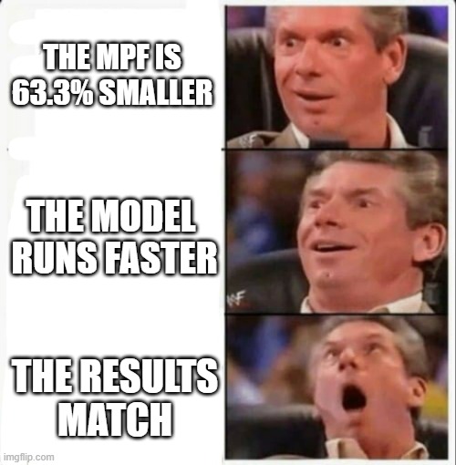 Vince mind blown | THE MPF IS
63.3% SMALLER; THE MODEL 
RUNS FASTER; THE RESULTS
MATCH | image tagged in vince mind blown | made w/ Imgflip meme maker