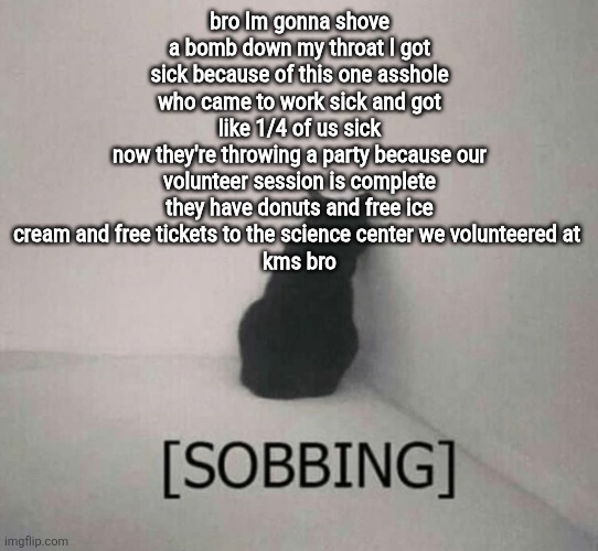 Sobbing cat | bro Im gonna shove a bomb down my throat I got sick because of this one asshole who came to work sick and got like 1/4 of us sick
now they're throwing a party because our volunteer session is complete
they have donuts and free ice cream and free tickets to the science center we volunteered at 
kms bro | image tagged in sobbing cat | made w/ Imgflip meme maker