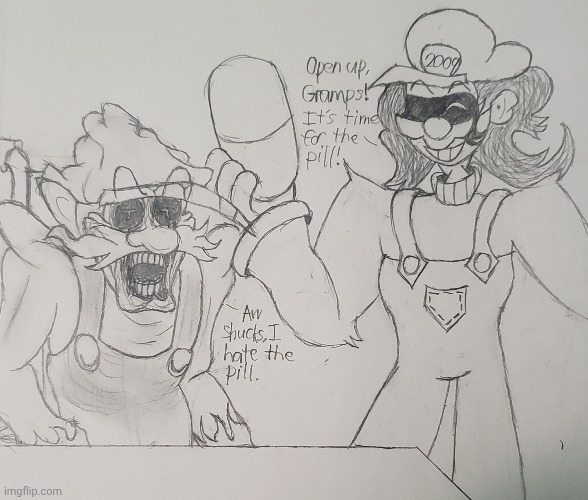 Taking care of Grandpa | image tagged in horrorbrew,meds,drawing | made w/ Imgflip meme maker