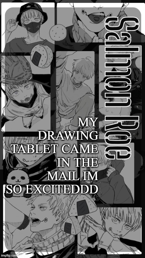 Salmon Roe temp | MY DRAWING TABLET CAME IN THE MAIL IM SO EXCITEDDD | image tagged in salmon roe temp | made w/ Imgflip meme maker