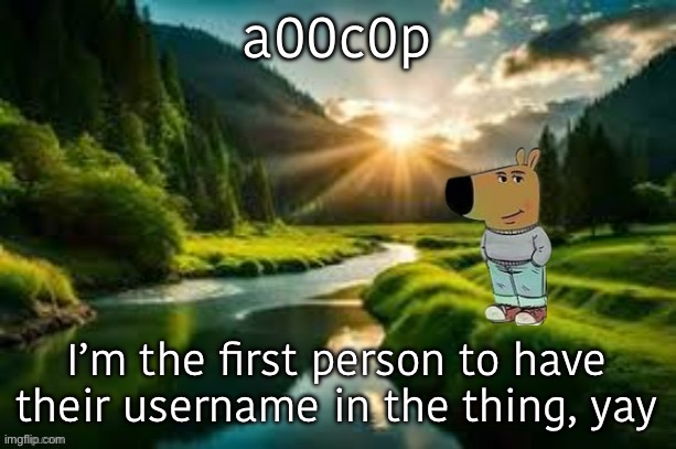 chill guy | a00c0p; I’m the first person to have their username in the thing, yay | image tagged in chill guy | made w/ Imgflip meme maker