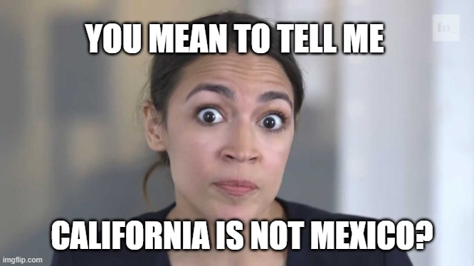 shocked aoc | YOU MEAN TO TELL ME; CALIFORNIA IS NOT MEXICO? | image tagged in crazy alexandria ocasio-cortez | made w/ Imgflip meme maker