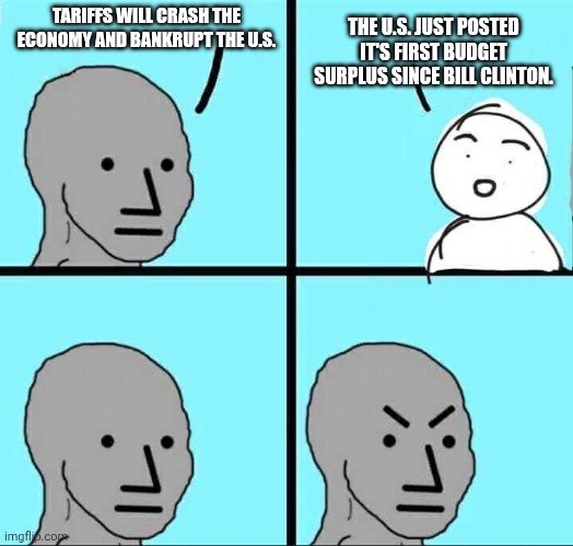 Stock Market breaking records .. b-b-but tariffs | TARIFFS WILL CRASH THE ECONOMY AND BANKRUPT THE U.S. THE U.S. JUST POSTED IT'S FIRST BUDGET SURPLUS SINCE BILL CLINTON. | image tagged in npc meme | made w/ Imgflip meme maker