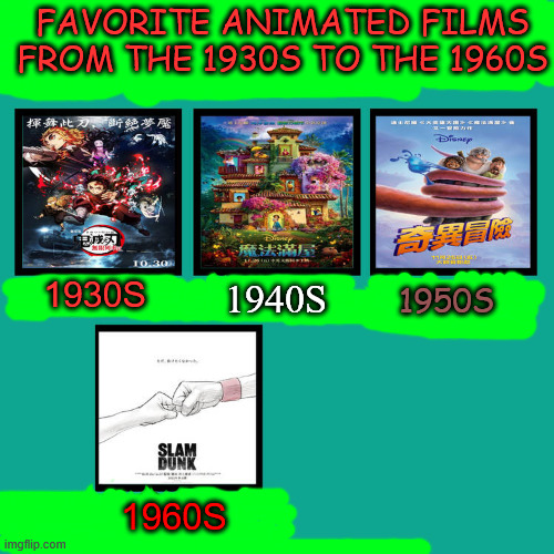 favorite animated films from the 1930s to the 1960s | FAVORITE ANIMATED FILMS FROM THE 1930S TO THE 1960S; 1930S; 1950S; 1940S; 1960S | image tagged in favorite animated movies of the 2020s so far,1960s,1950s,1940s,1930s,absolute cinema | made w/ Imgflip meme maker