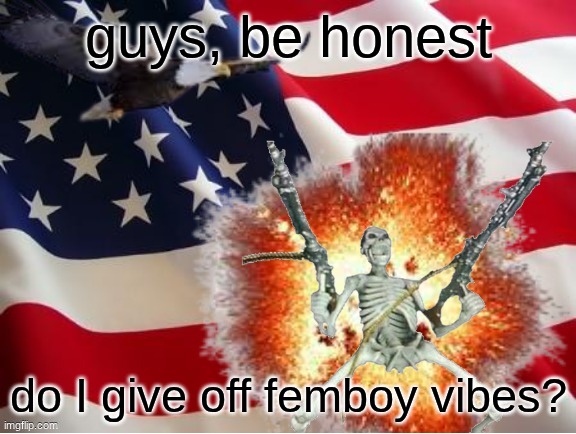 AMERICA!!!!!!!!!!!!!!!!!!!!!!!!!! | guys, be honest; do I give off femboy vibes? | image tagged in america | made w/ Imgflip meme maker