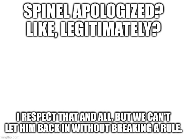 SPINEL APOLOGIZED? LIKE, LEGITIMATELY? I RESPECT THAT AND ALL, BUT WE CAN'T LET HIM BACK IN WITHOUT BREAKING A RULE. | made w/ Imgflip meme maker
