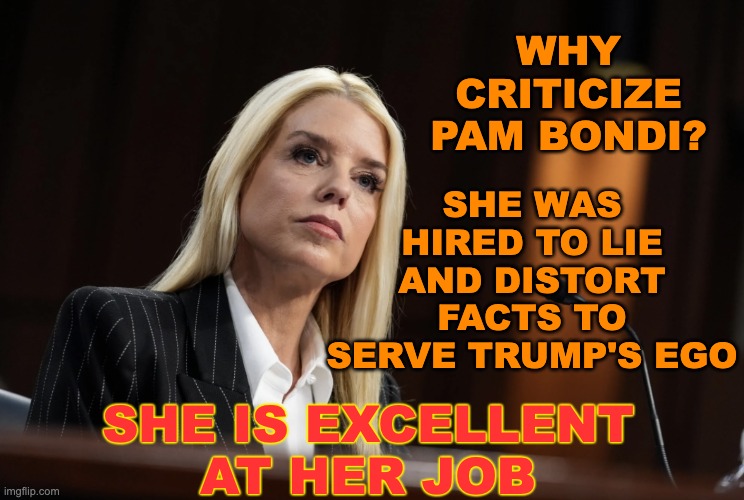 What files? | WHY CRITICIZE PAM BONDI? SHE WAS HIRED TO LIE AND DISTORT FACTS TO SERVE TRUMP'S EGO; SHE IS EXCELLENT
AT HER JOB | image tagged in pam bondi,lies,trump,idiocracy | made w/ Imgflip meme maker