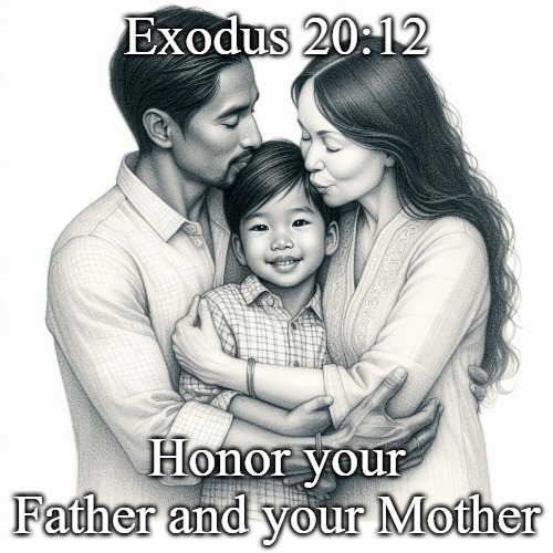 The Fifth Commandment | Exodus 20:12; Honor your Father and your Mother | image tagged in christiansonly,father,mother,child,the fifth commandment,the ten commandments | made w/ Imgflip meme maker
