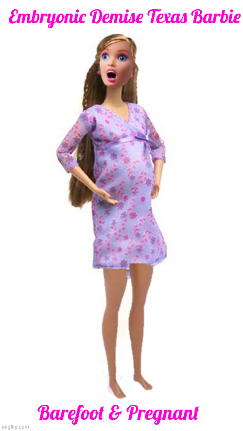 Texas Barbie | Embryonic Demise Texas Barbie; Barefoot & Pregnant | image tagged in texas barbie,barefoot barbie,pregnant barbie,shocked barbie,dead embrryo barbie,barbie needs a abortion | made w/ Imgflip meme maker