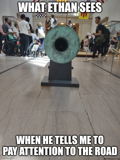 New York cannon | WHAT ETHAN SEES; WHEN HE TELLS ME TO PAY ATTENTION TO THE ROAD | image tagged in new york cannon | made w/ Imgflip meme maker
