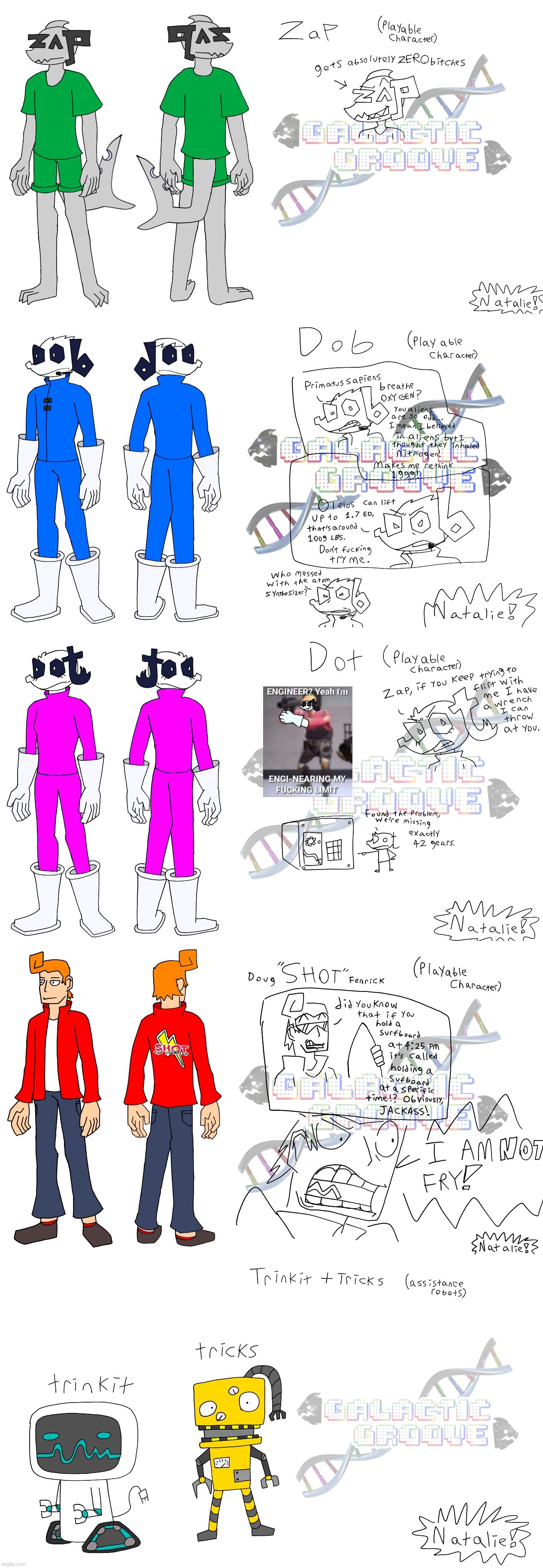 design cards for the main crew of galactic groove (fangame i'm making) I'm a bit lazy on these since it's gonna be 3d anyways | made w/ Imgflip meme maker